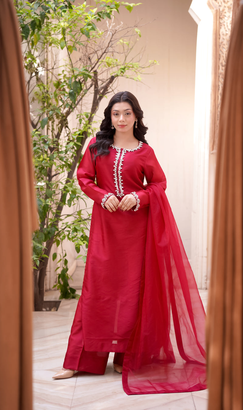 Crimson Ruby Red 3-piece Embellished Suit